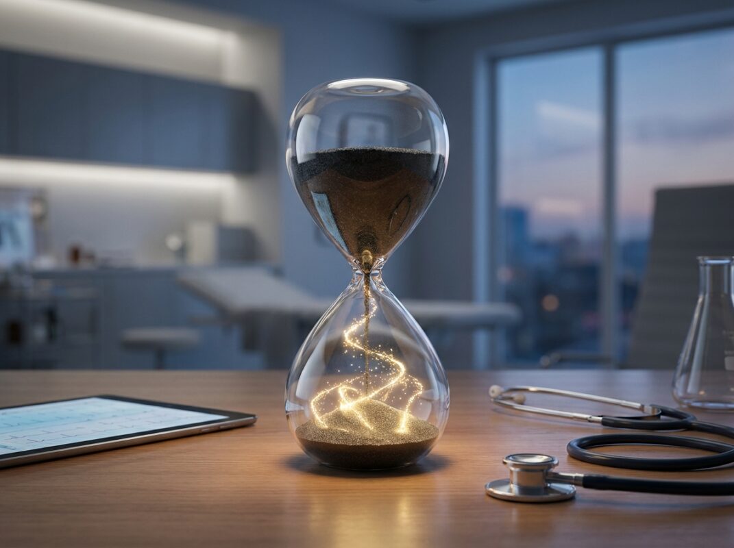 Glass hourglass on medical desk 202609041344